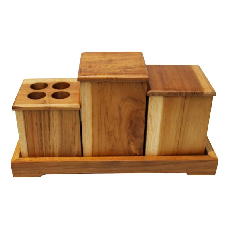 7 Piece Teak Wood Bathroom Amenities Set with Tray