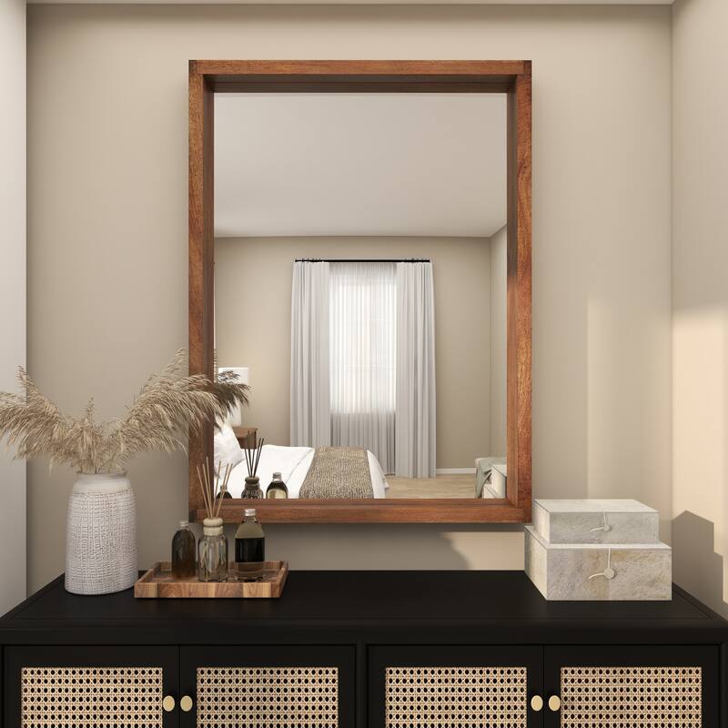 Brown Mango Wood Minimalistic Wall Mirror with Natural Wood Grain and Deep Set Frame