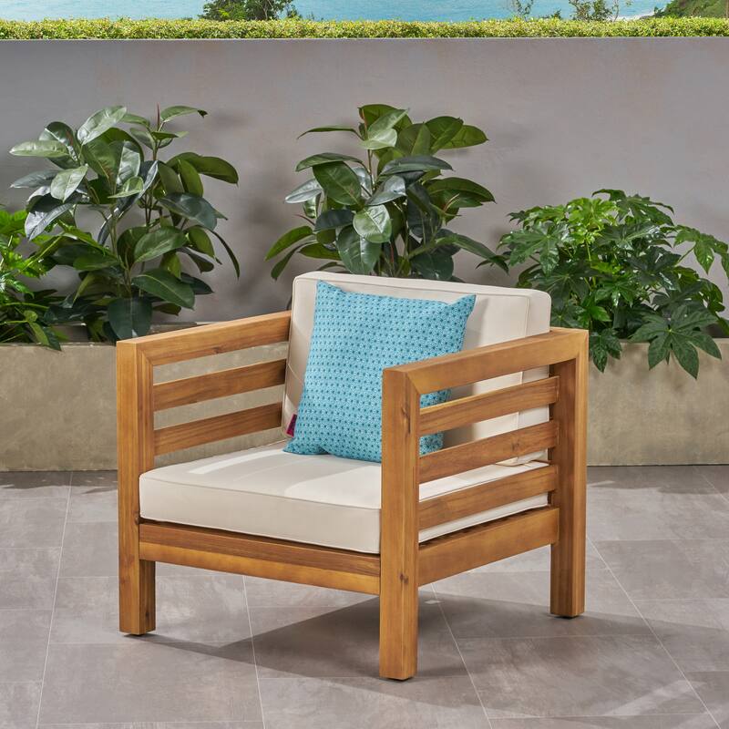 Oana Outdoor Acacia Wood Club Chair with Cushion by Christopher Knight Home - Teak Finish + Beige Cushion
