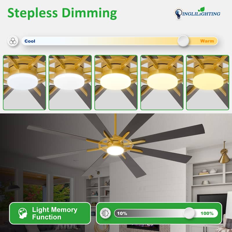 Modern 72 Inch 8 Blade Outdoor large Ceiling Fans with Lights: Dimmable Indoor Reversible 6 Speed Quiet DC Motor