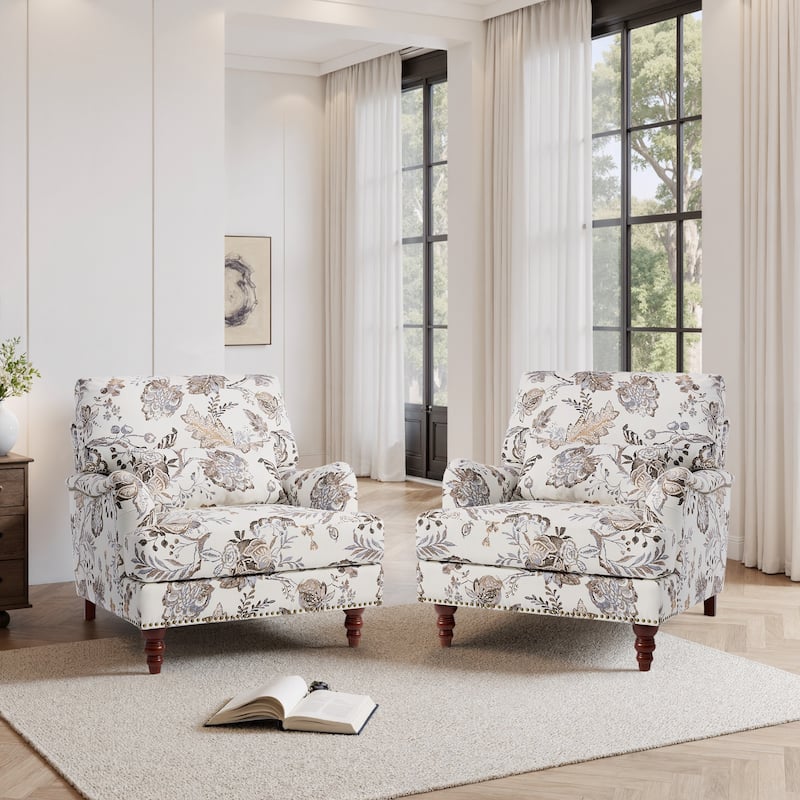 Set of 2 Mid Century Chenille Upholstered Accent Chairs - Linen - Plants Beige-Linen