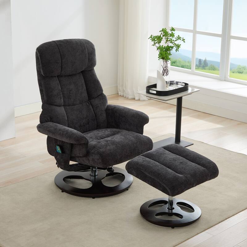 Recliner Chair with Ottoman, Modern 360° Swivel Lounge Chair with Footstool, Chenille Fabric, 5 Point Vibration Massage - Dark Gray