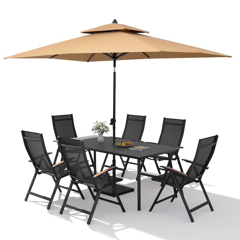 9PC Outdoor Patio Dining Set Wood-Like Aluminum Umbrella Hole Table with Folding Chairs,Double Top Market Umbrella and Base