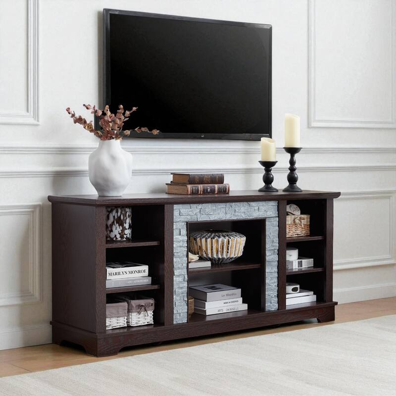 Mantel Stone 58" TV Stand with Faux Stacked Stone Surround, Modern Media Console with Open Storage & Cable Management