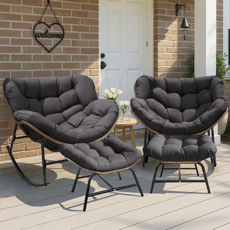 Oversized Indoor Outdoor Royal Papasan Rocking Chair, Patio Egg Rocker with Cushions, 450 lb Capacity - 4PCS-Dark Gray