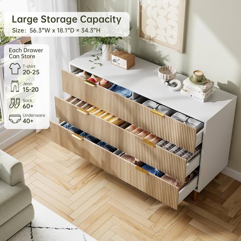 6 Drawer Dresser for Bedroom with Gold Handles, Modern Wooden Chest of Drawers