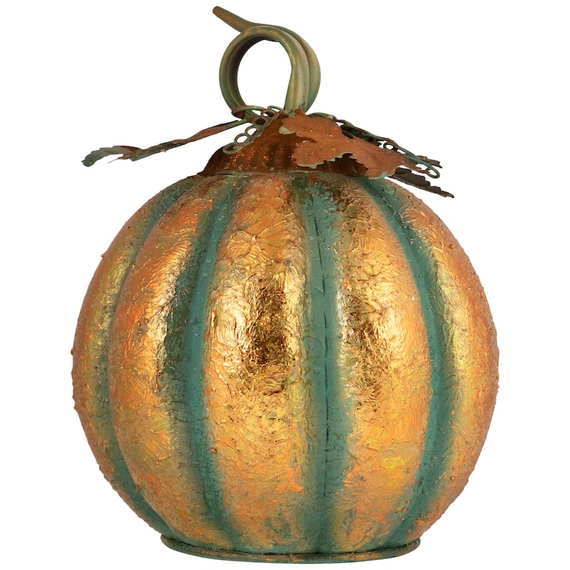 Fall Harvest Faux Copper Patina Metal Pumpkin Decoration - 13" - Bronze