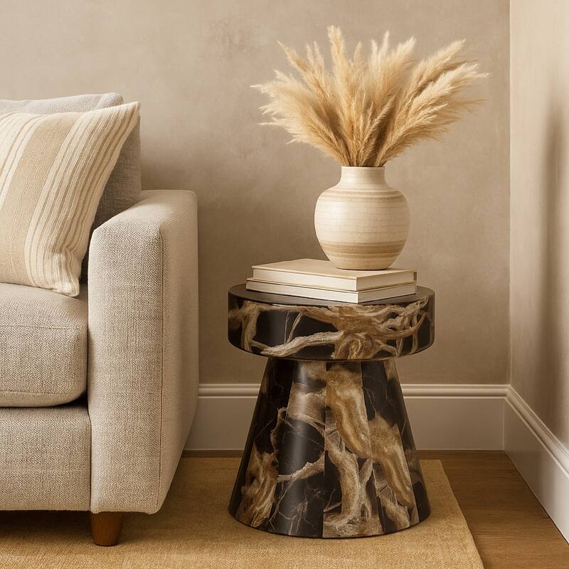 Cid Ria End Table Set of 2, Brown-White Faux Marble, Pedestal Base