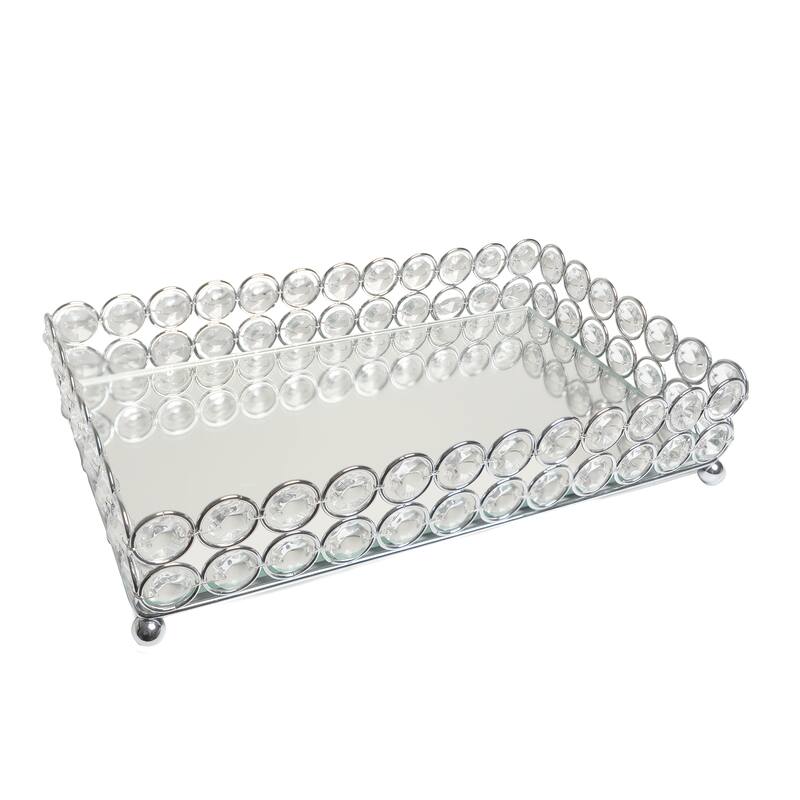 HomeRoots 11" Silver And Clear Faux Crystal Metal And Mirrored Glass Vanity Tray - 10.50 in. x 2.25 in. x 6.25 in.