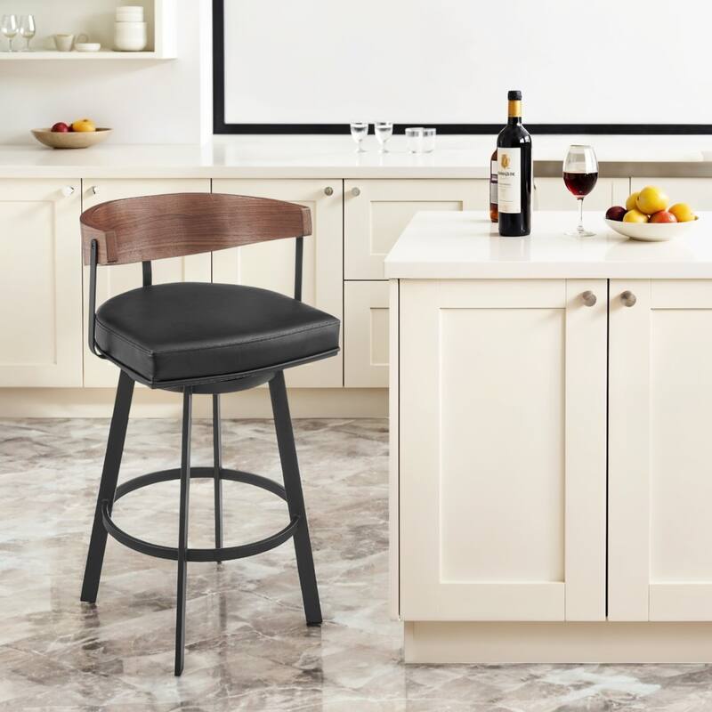 Black Faux Leather Bar Height Chair with Wood Arms, Footrest and Low Back - 20.5” x 20.5” x 38” (D x W x H)