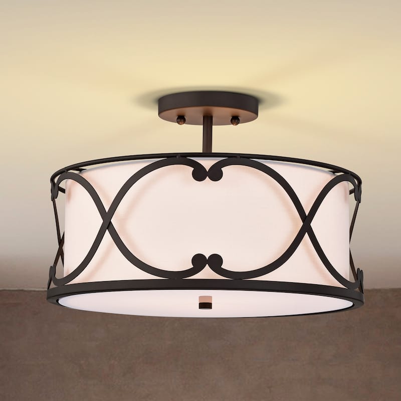 Kine Brown 3-Light Metal & Fabric Drum Semi-Flush Mount