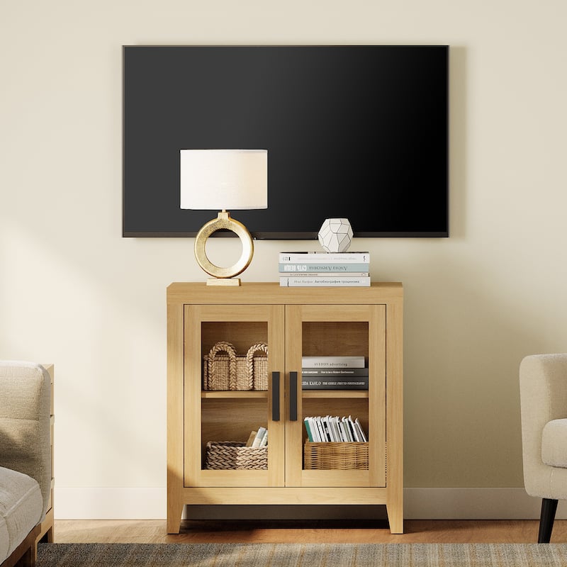 WAMPAT Modern Farmhouse TV Stand, Entertainment Center with Tempered Glass Doors & Adjustable Shelves