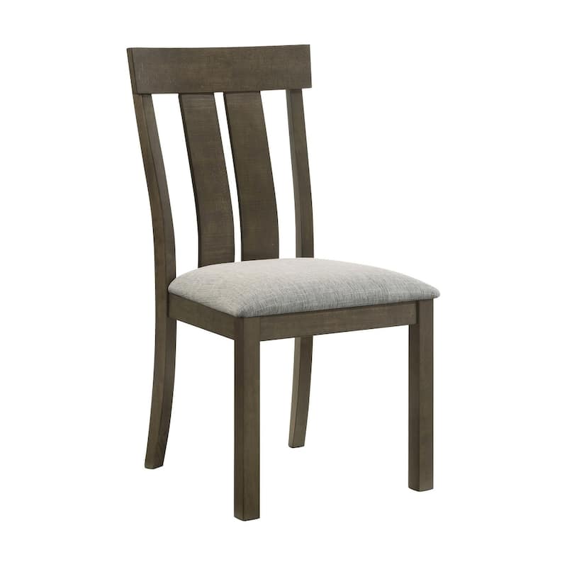 Set of 2 Dining Chairs, Brown Wood Slatted Back, Gray Fabric Seat