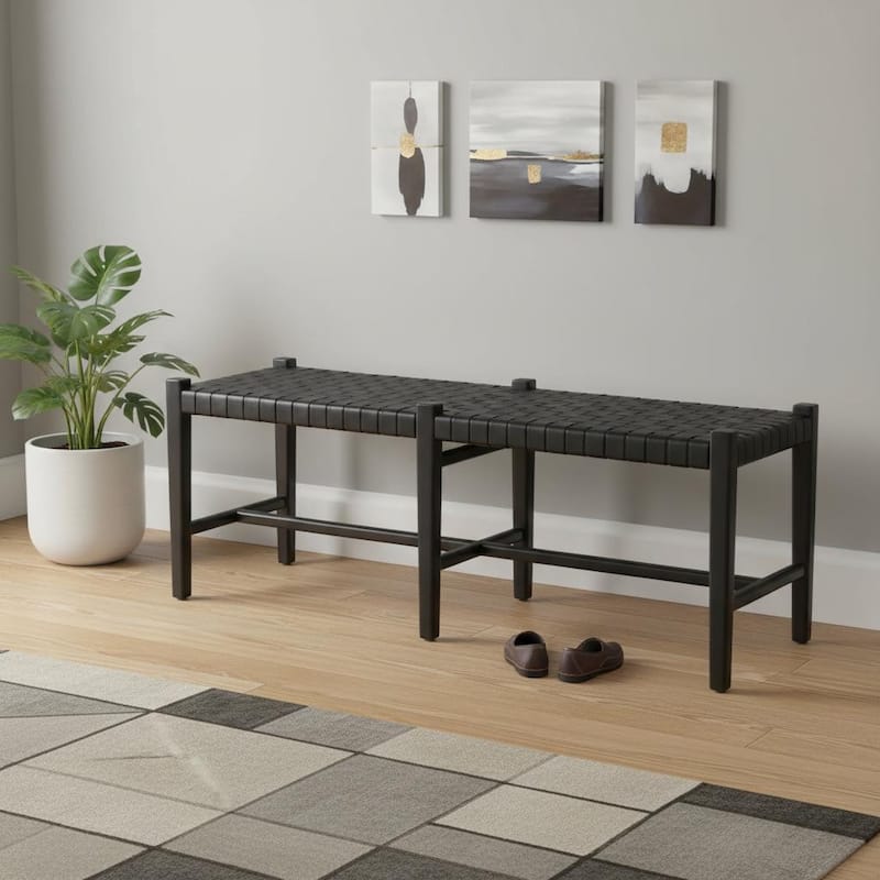 HomeRoots 52" Black Genuine Leather and Solid Wood Upholstered Bench - 52.00 in. x 18.75 in. x 16.50 in. - 52.00 in. x 18.75 in.  x 16.50 in. - Black