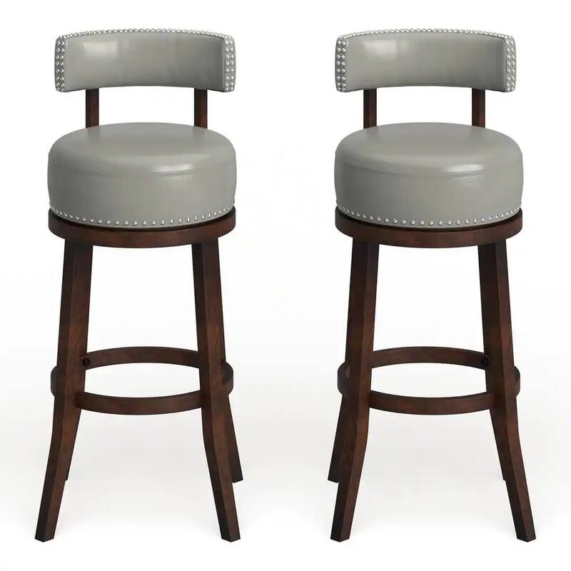 Sherly Set Of 2 Bar Stool 30" Swivel Stool Dark Oak Solid Wood Dark Gray Leatherette Chairs Dining Room