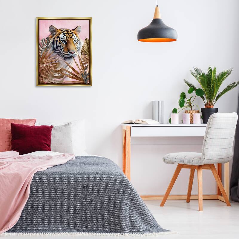 Stupell Exotic Tiger with Gold Leaves Framed Floater Canvas Wall Art Design By Kim Allen