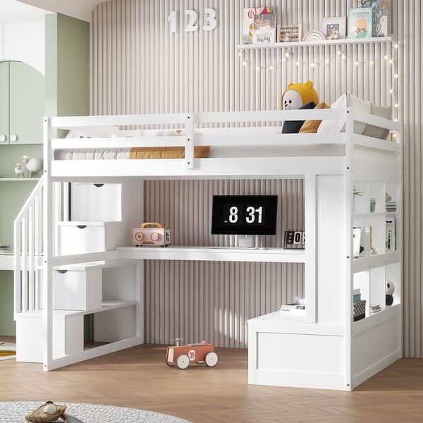 slide 2 of 26, Full Size Solid Wood Loft Bed with Desk and Shelves, Two Built-in Drawers, Storage Staircase White