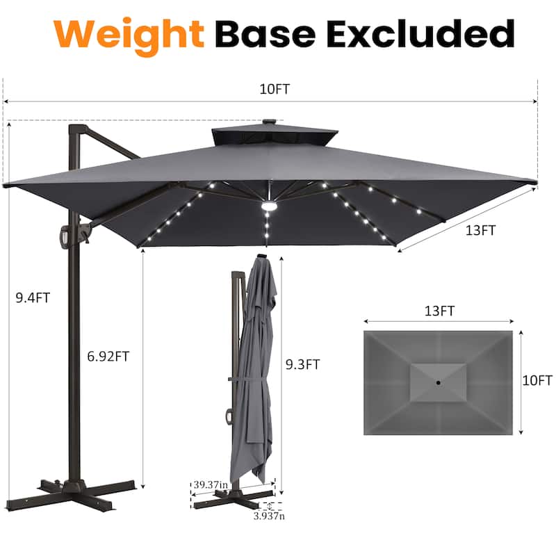 VredHom 10X13 FT Outdoor Cantilever Patio Umbrella Solar LED Light