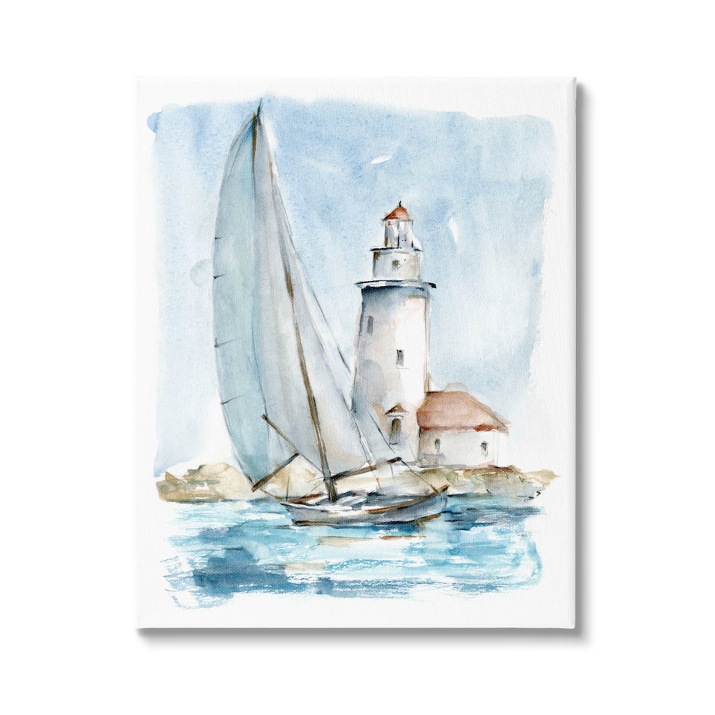 Stupell Lighthouse Tower Beacon Sea Sail Boat Nautical Outdoors Canvas Wall Art - Blue