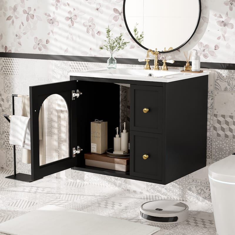 24" Bathroom Vanity Set Wall Mounted for Small Space, Bathroom Cabinet with Ceramic Sink, 2 Drawers and 1 Soft-Close Door