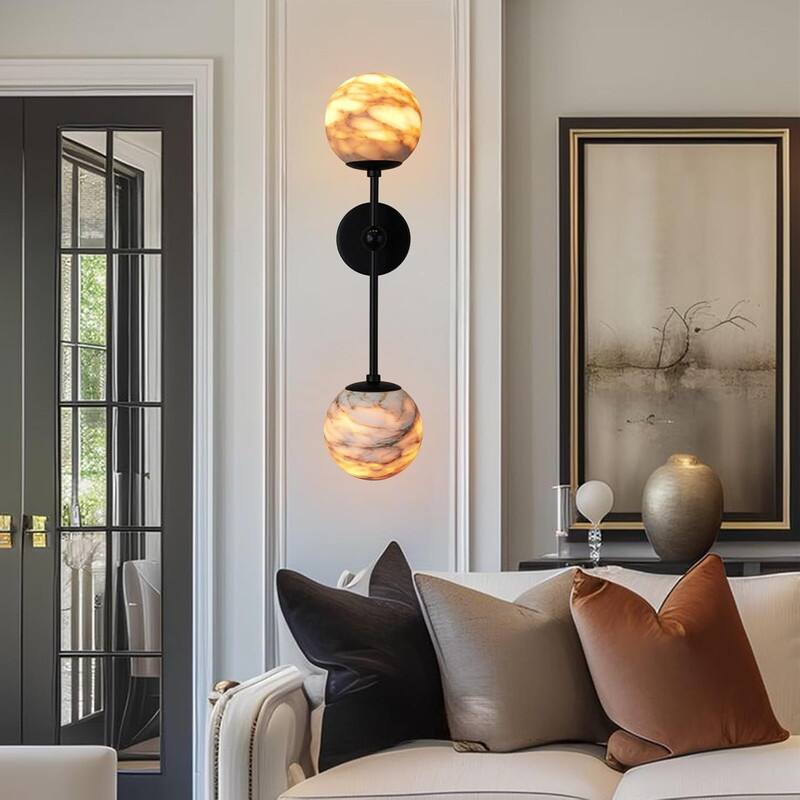 KAYLA Anjely Modern 25" Alabaster Wall Sconce, 1-Light Dimmable Wall Light with Brass Base, G9 LED Bulbs Included
