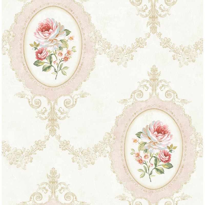 Seabrook Designs Aubrey Framed Rose Toile Unpasted Wallpaper - 20.5 in. W x 33 ft. L - Metallic Pink
