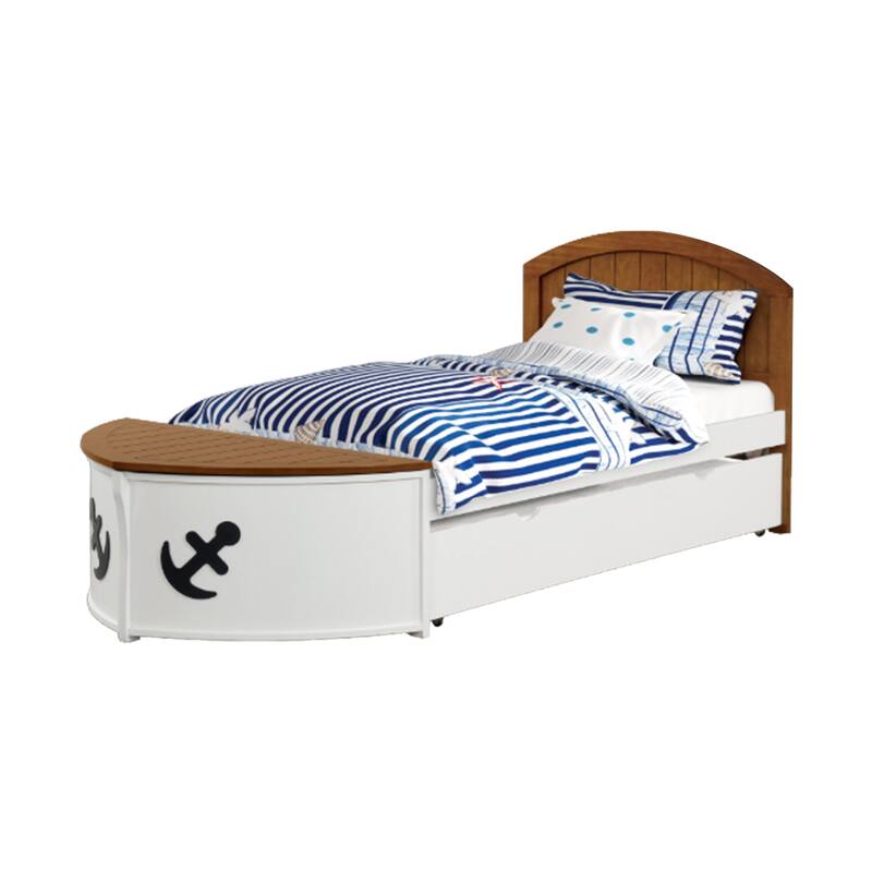 Evon Twin Captain Bed w Trundle, White, Oak Brown, Nautical Coastal Theme