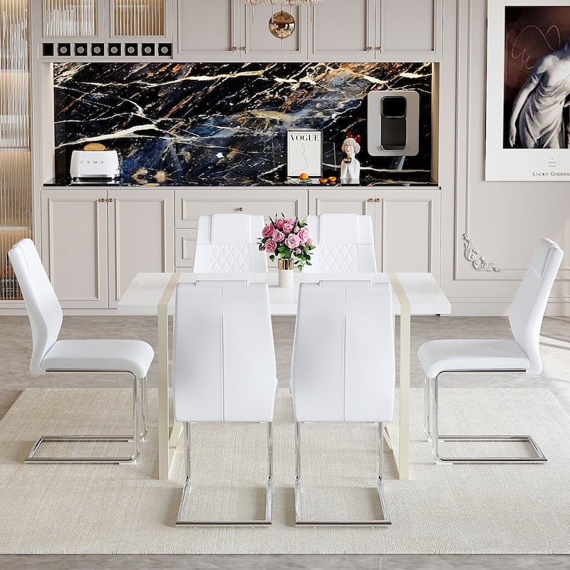Dining Table Set for 6, 7 Piece Home Rectangular Dining Table Set with 6 Faux Leather Chairs, Cream Dining Table and Chair Set