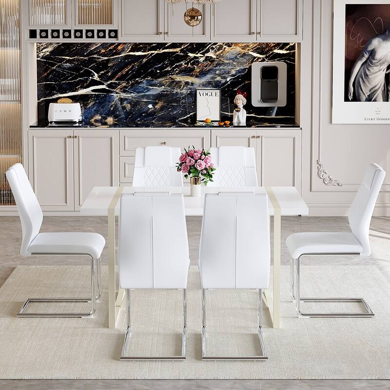 Table and chair set, Cream-Style MDF Dining Table Set with 6 Chairs With Metal Legs,MDF Tabletop and metal frame legs - White+Silver