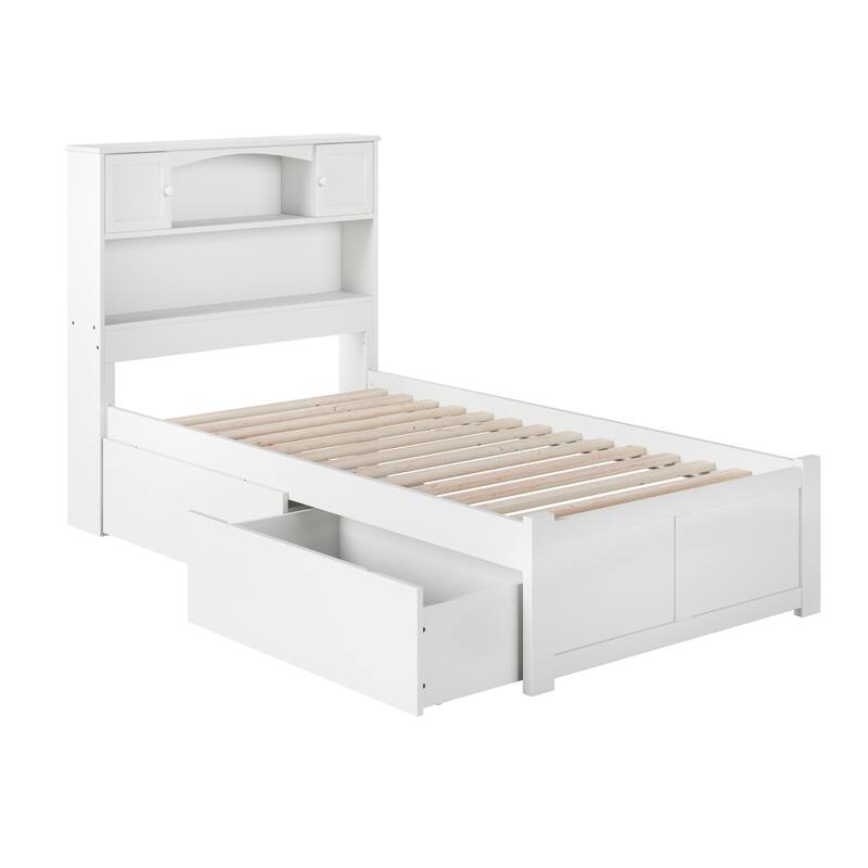 Newport Twin XL Platform Bed with Footboard and 2 Drawers in White