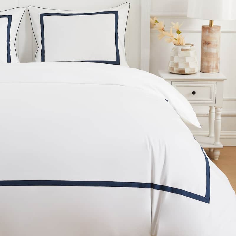 Cotton Percale Hotel Border Piping Navy Duvet Cover Set