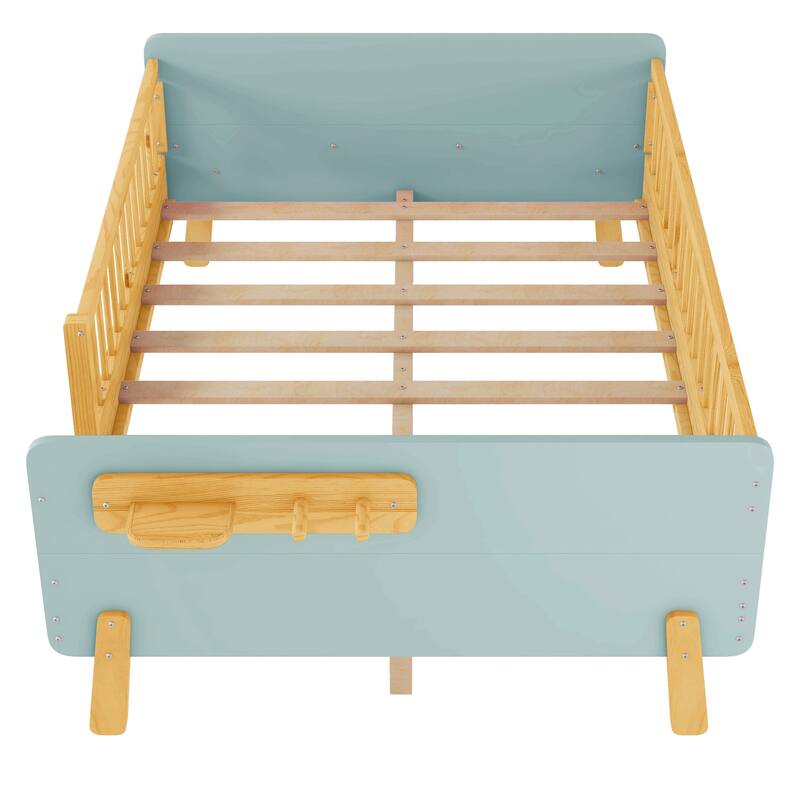 Kids Wood Platform Bed with Guardrails, Bottle Holder and 2 Hanging Rod, Convertible Toddler Daybed, Low Profile Design Frame
