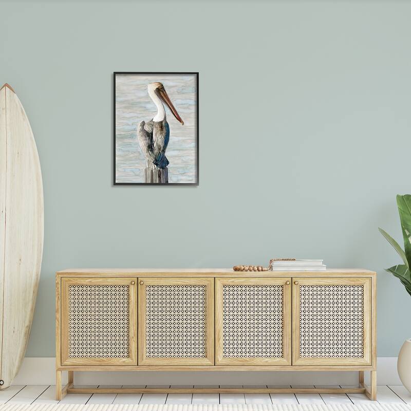 Stupell Long Beak Pelican Watercolor Painting Coastal Waterfowl Bird Framed Wall Art - Blue