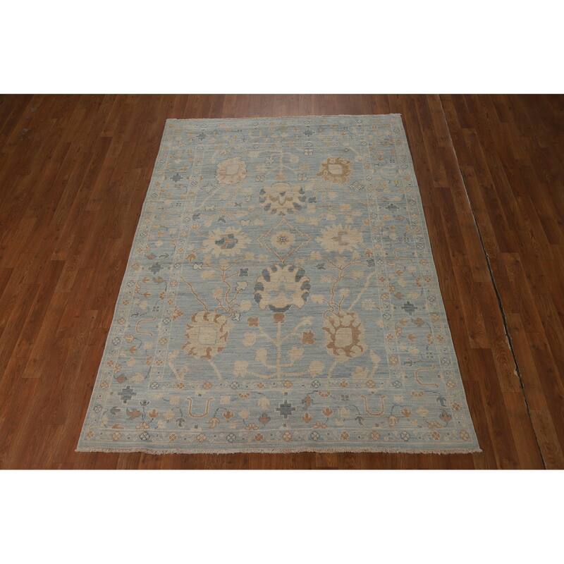 Vegetable Dye Oushak Turkish Rug Hand-Knotted Blue Wool Carpet - 4'11"x 6'11"