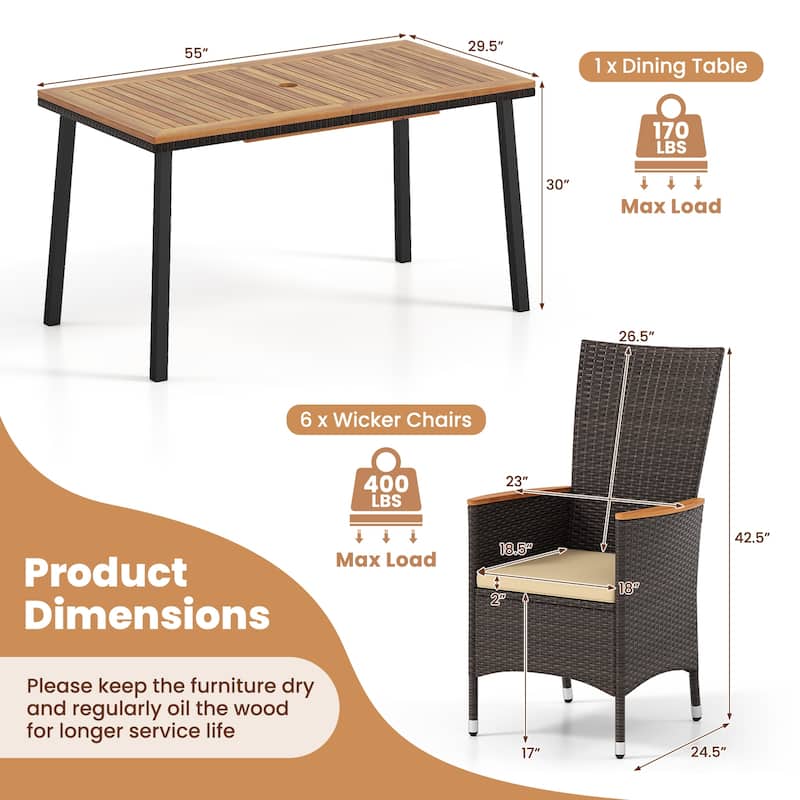 Gymax 7PCS Patio Wicker Armchairs Acacia Wood Table w/Umbrella Hole