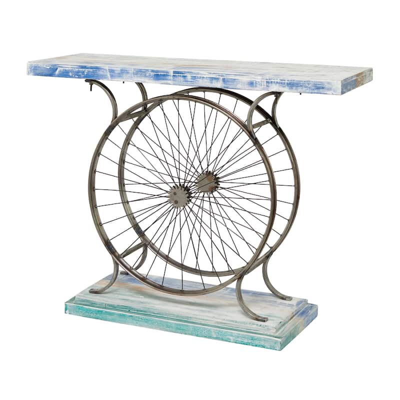 Wood Bike Wide Slatted Top Console Table with Dual Wheel Frame and Tiered Base - Brown or Blue - Roche River Decor - Blue
