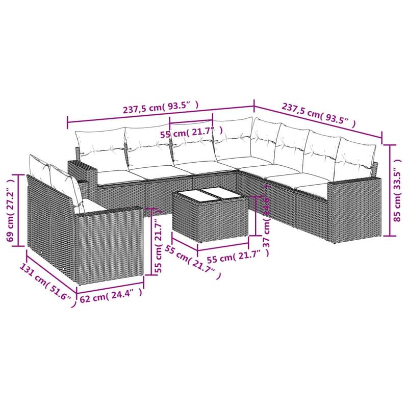 vidaXL Garden Sofa Set Black, Cream White PE rattan Large - 21.7 x 21.7 x 14.6
