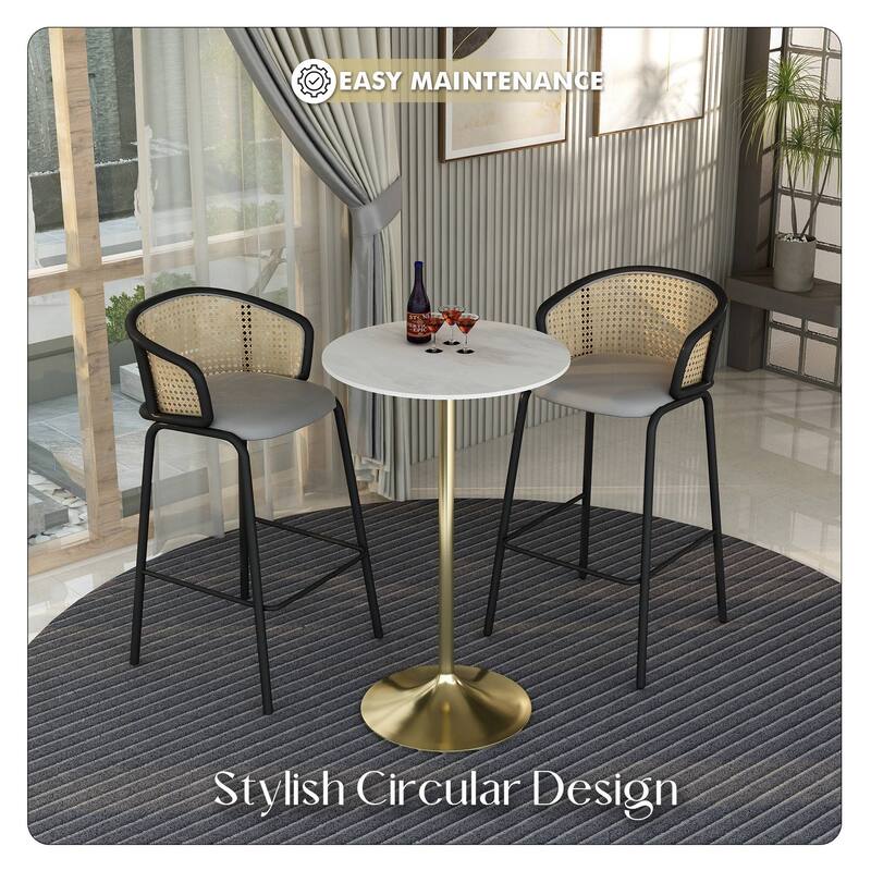 LeisureMod Verve 27" Bar Dining Table with Sintered Stone Round Top in Gold Steel, Gold Marbleized