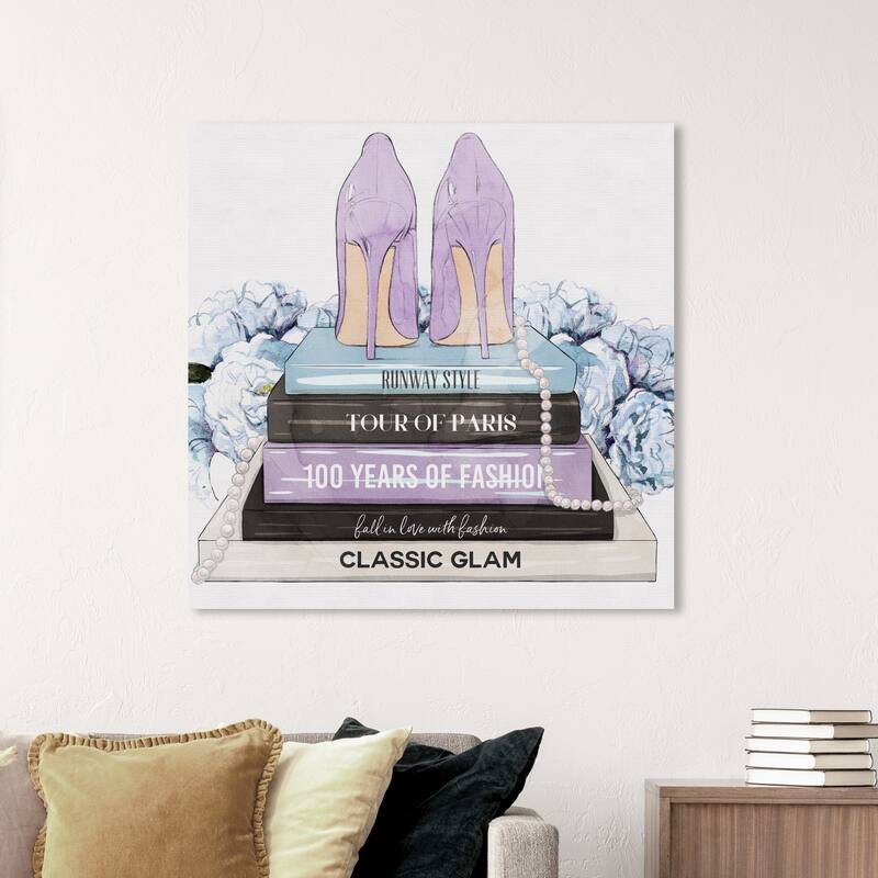 Wynwood Studio Fashion and Glam Lavender Blue Books and Heels Pastel Purple Modern & Contemporary Wall Art Canvas Print - 40 x 40