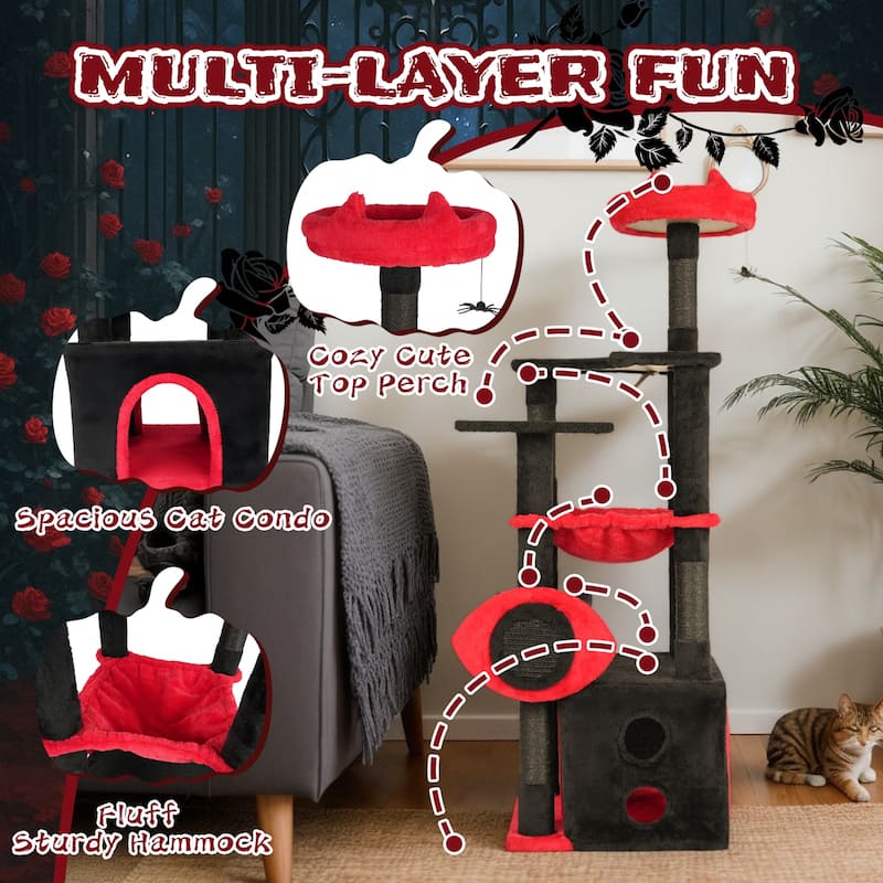 53" Gothic Cat Tree with Condo, Hammock, Perch & Scratching Post - 19.7" L × 16.5" W × 50.8" H
