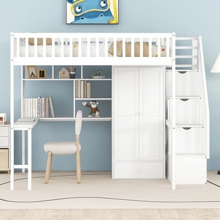 White Full size Loft Bed with Bookshelf Drawers Desk and Wardrobe - Bed ...