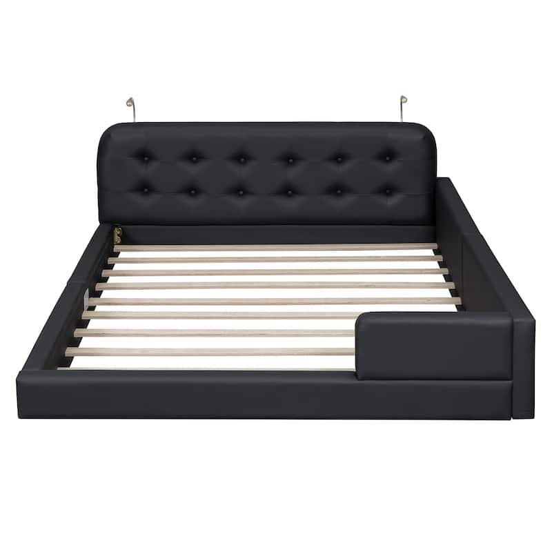 Queen PU Upholstered Bed with 2 Adjustable Reading Lights, Wood Platform Bedframe with Ergonomic Headboard, No Box Spring Needed