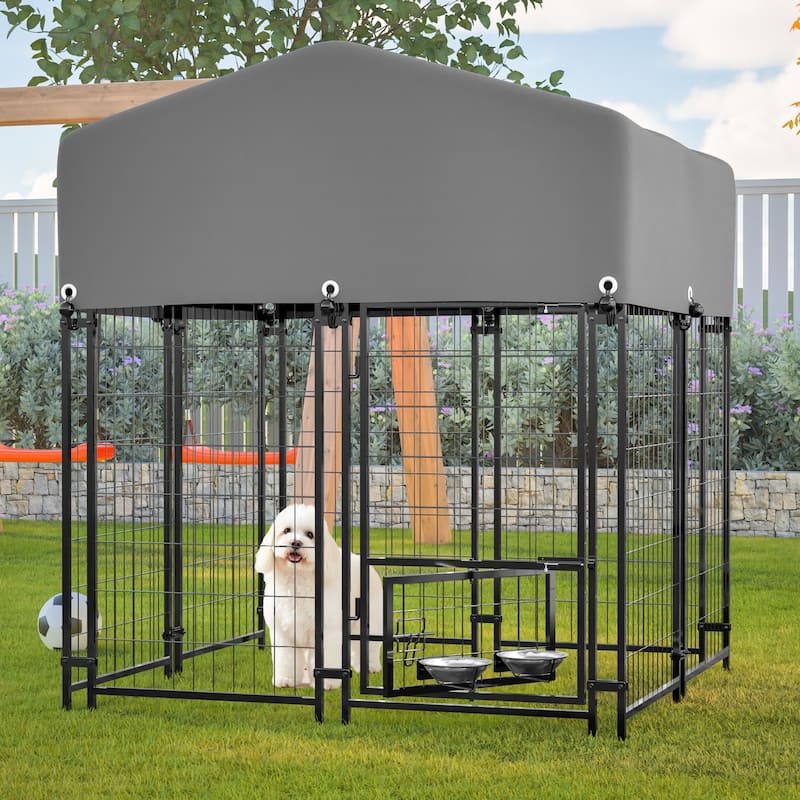 GDFStudio - Large Outdoor Heavy Duty Metal Dog Kennel with Roof, UV-Resistant Waterproof Cover, Double Lock & Rotating Feeder