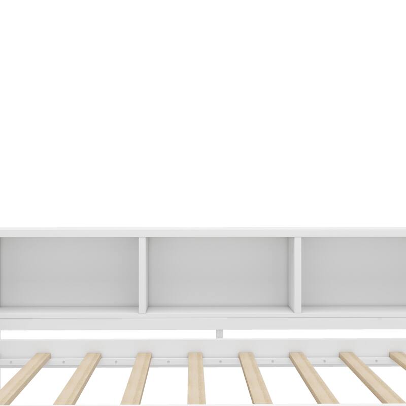 Wooden Daybed Frame with Pull Out Trundle and 3 Drawers, Platform Sofa Bed with Built In Desk and Shelves, No Box Spring Needed