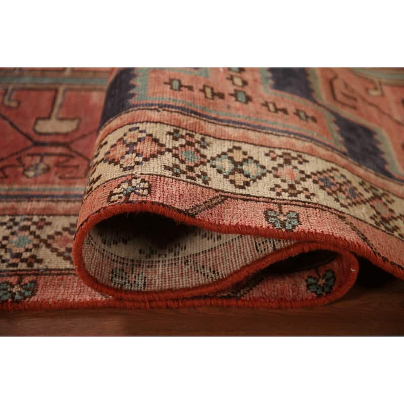 Geometric Pink Ardebil Persian Vintage Runner Rug Handmade Wool Carpet - 3'9"x 10'0"