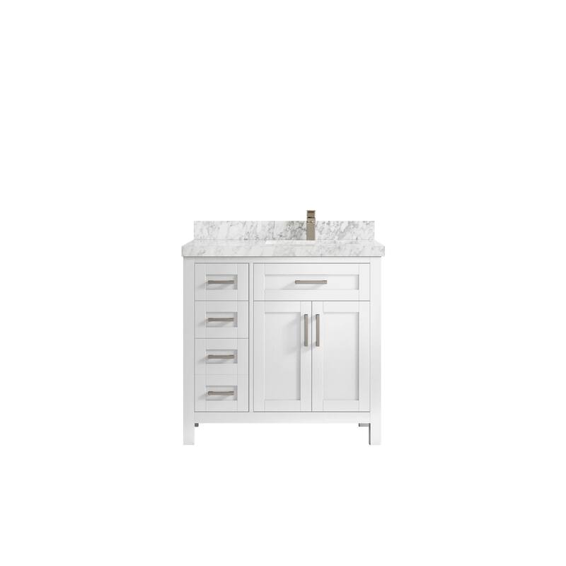 Willow Collections 36 in. W x 22 in. D Cambridge Right Offset Sink Bathroom Vanity with Countertop - 2" Carrara Marble - White
