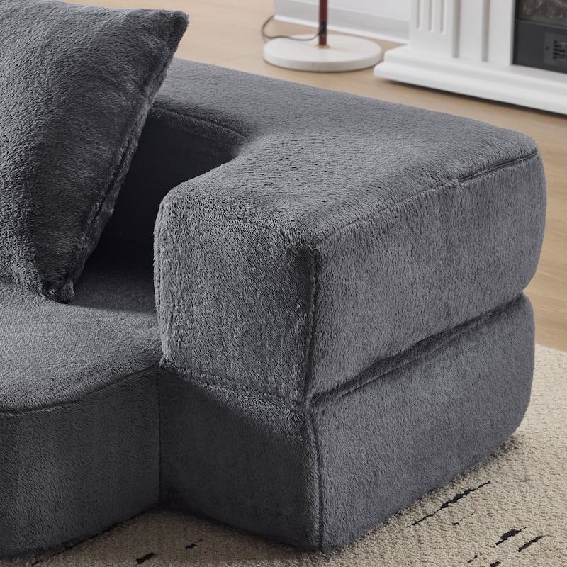 74.81" Faux Fur 3-in-1 3-Seater Floor Sofa, Converts to Bed with Memory Foam