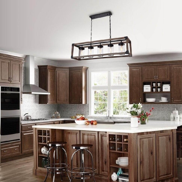 Daniela 5 light Antique Black Metal and Natural Wood Glass