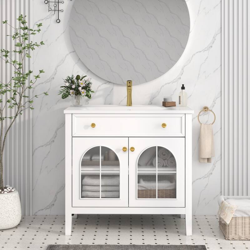 35.6" Mid-Century Bathroom Vanity Sink with Patterned Glass & Motion-sensor Light Strip, Freestanding