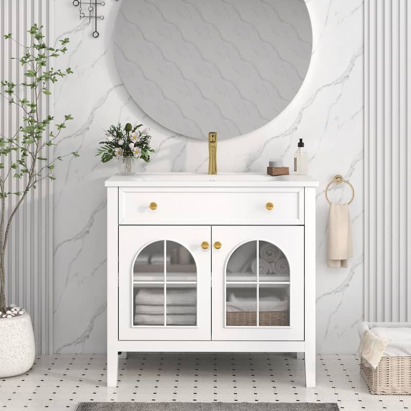 Modern Single Sink Bathroom Vanity Cabinet with Motion-sensor Light Strip & Patterned Glass, Ceramic Integrated Basin